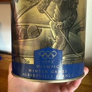 Vintage Uncle Ben’s Rice Blue and Orange Tin featuring the 1992 Winter Olympics